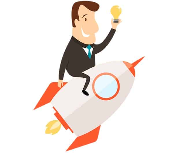 Cartoon man in a suit holding a lightbulb, riding a red and white rocket, on a white background.