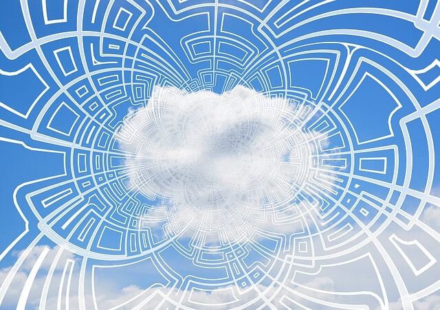 White cloud in blue sky with circular, geometric white lines evokes a digital, abstract website aesthetic.
