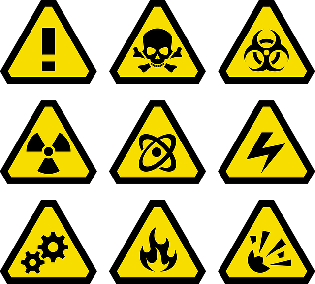 Nine yellow triangular hazard warning signs for your website: toxic, biohazard, radiation, electric, fire, and more.