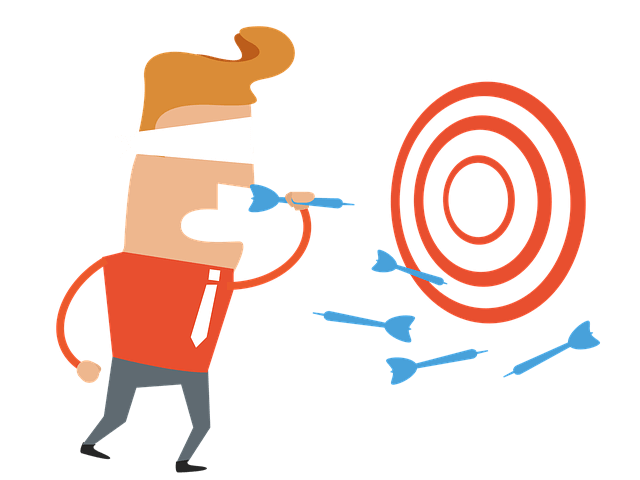 Cartoon man in a red shirt, blindfolded, missing a target with darts scattered around the bullseye.