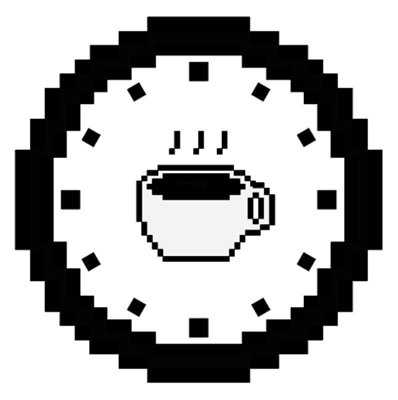 Pixel art clock with a coffee cup in the center and steam rising from it, resembling a coffee break time.