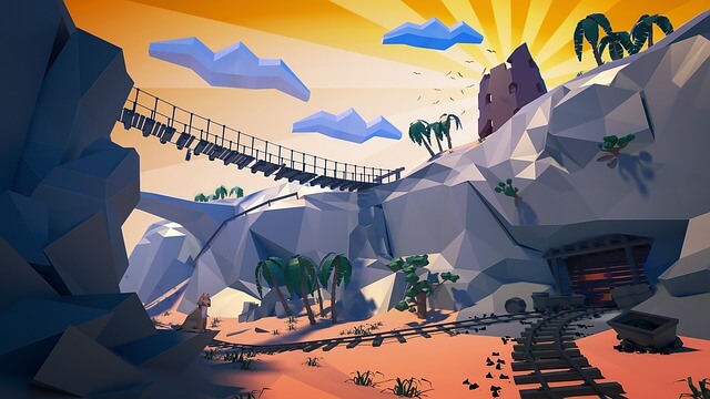 Low-poly illustration of a desert canyon with a rope bridge, minecart tracks, palm trees, and sunset sky for your website.