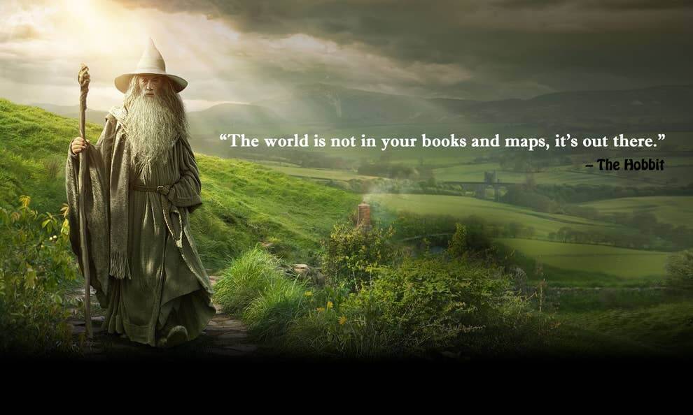 A wizard with a staff walks green hills; a quote from The Hobbit about the world outside books is displayed on the website.