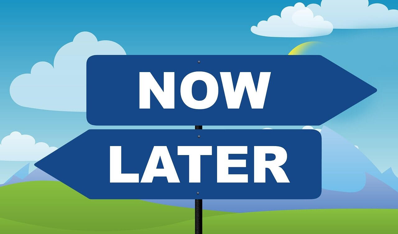 Two blue directional signs say “NOW” and “LATER” against a scenic outdoor backdrop, like a website’s choice to act.