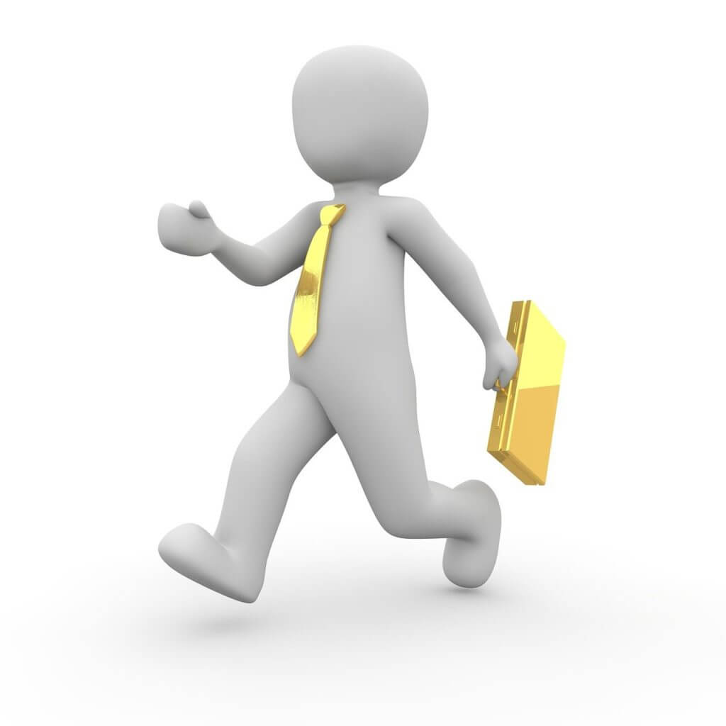 3D figure running, wearing a yellow tie and holding a yellow briefcase.