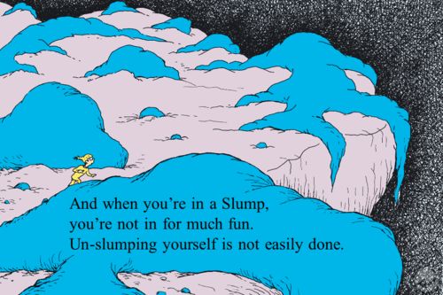 A small yellow figure walks among blue and pink hills with a Dr. Seuss quote, perfect for a website background.