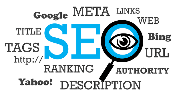 SEO-related words like META, Google, URL, and RANKING around large blue SEO with magnifying glass.