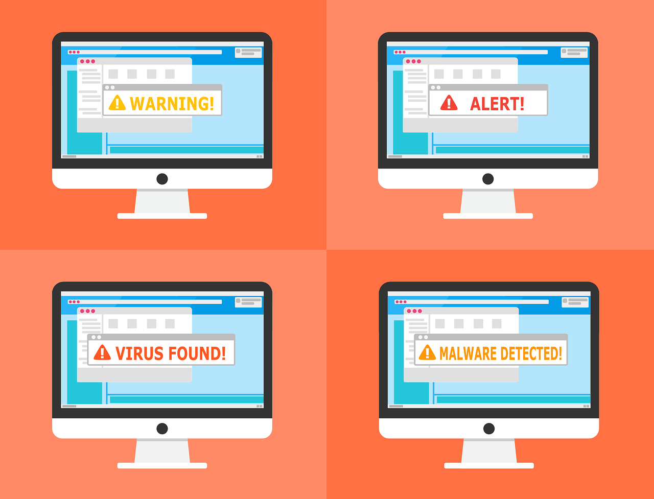 Four computer screens display website warning messages: WARNING, ALERT, VIRUS FOUND, and MALWARE DETECTED.