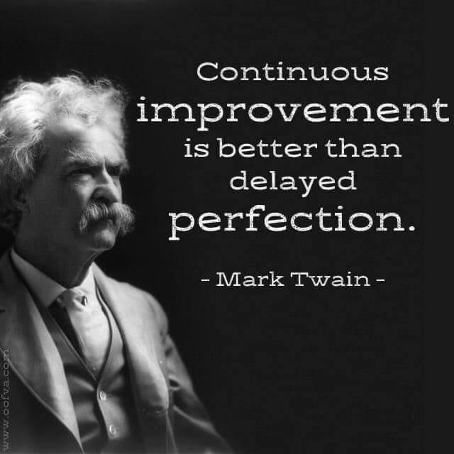 Black-and-white photo of Mark Twain with the quote: Continuous improvement builds a better website than delayed perfection.