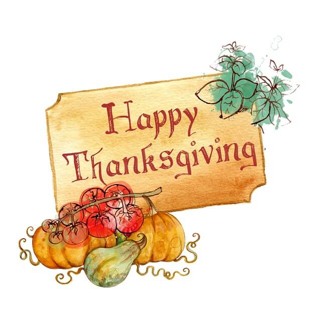 Happy Thanksgiving website sign with gourds, tomatoes, and green leaves in a watercolor style.