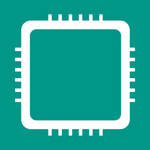 White computer chip icon with rounded corners on a teal background, symbolizing website technology or a microprocessor.