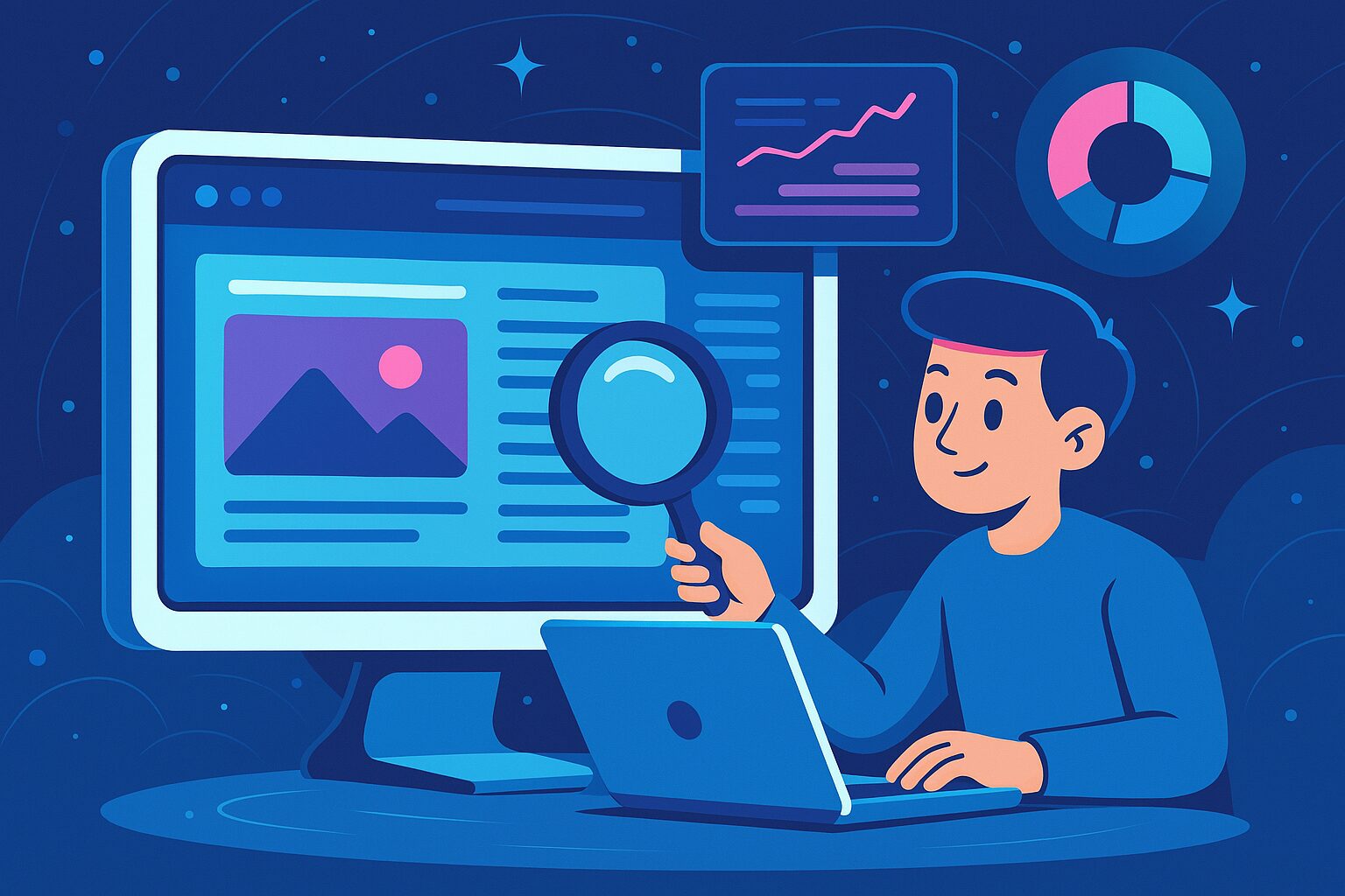 Illustration of a person using a laptop and holding a magnifying glass in front of a large computer screen with data charts.