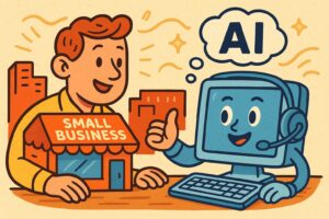 A small business owner talks to a friendly AI computer giving a thumbs-up, with buildings in the background.