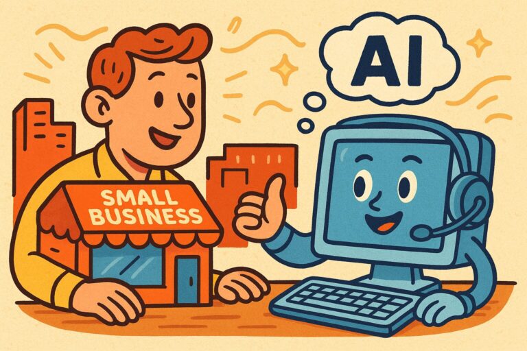A small business owner talks to a friendly AI computer giving a thumbs-up, with buildings in the background.