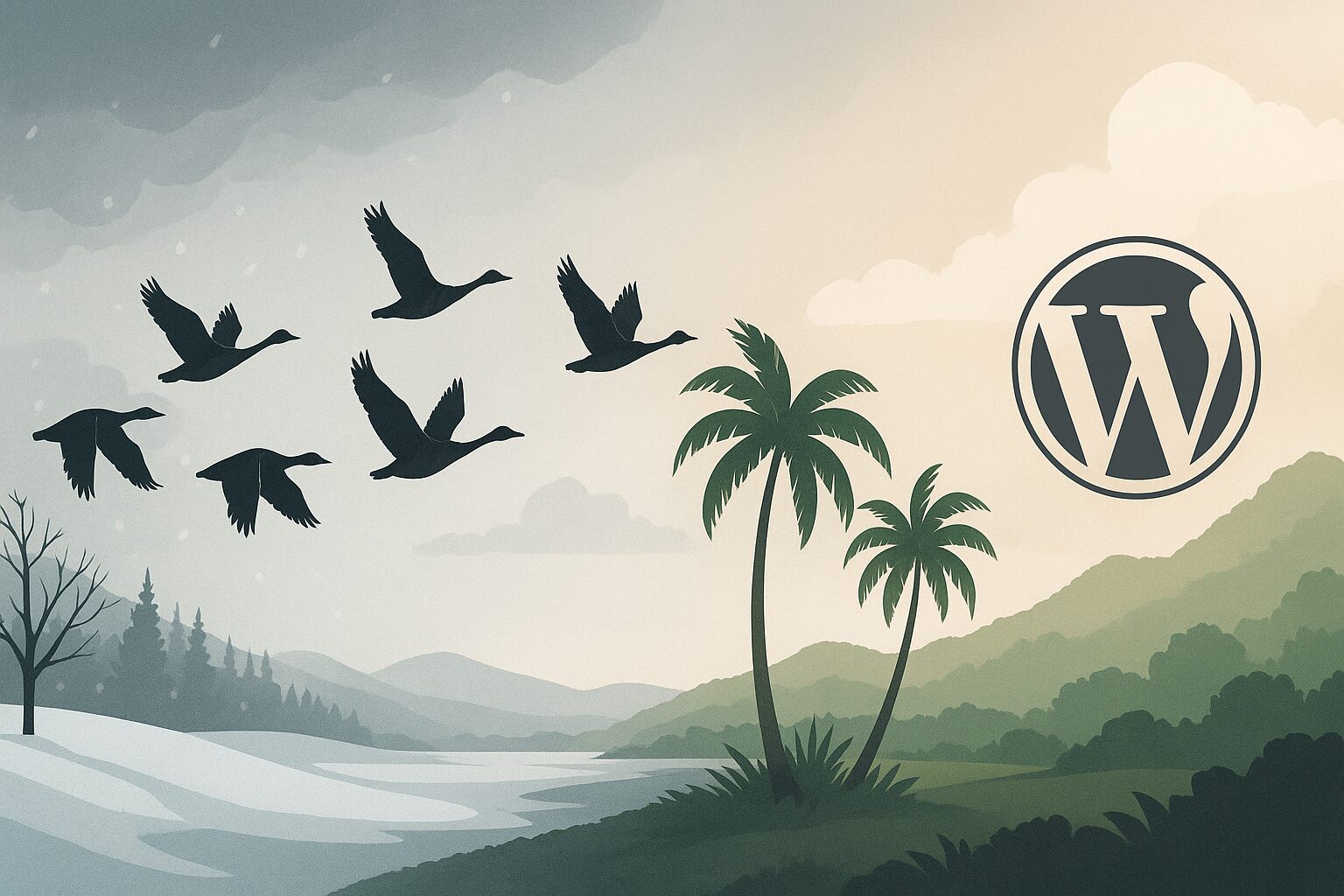 A flock of birds flies from a snowy landscape to a sunny tropical one with the WordPress logo in the sky.