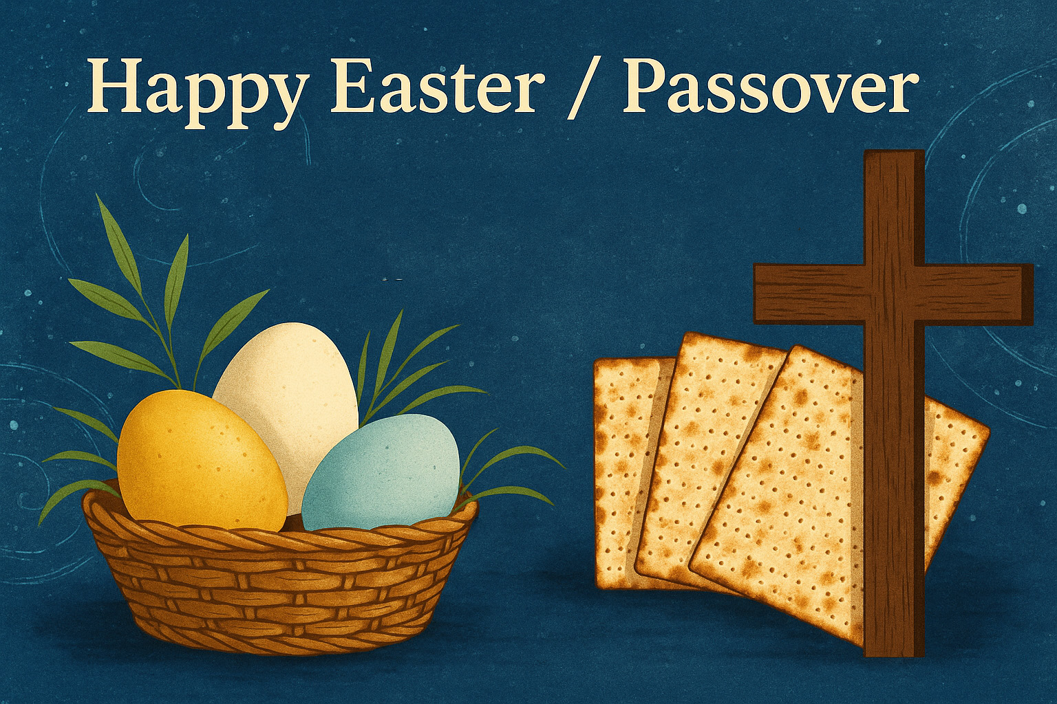 A basket of colored eggs, matzah, and a wooden cross with the text Happy Easter / Passover on a blue background.