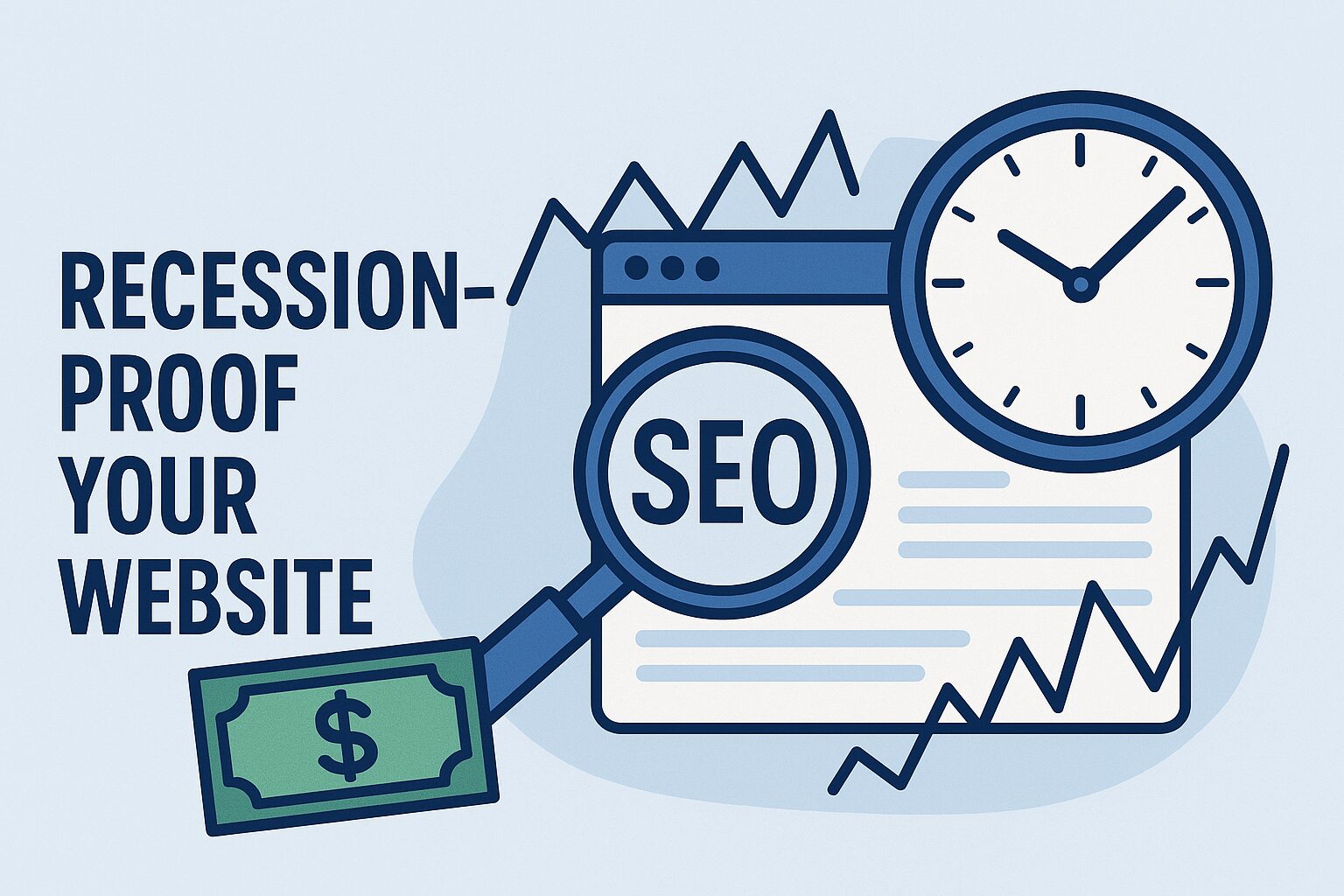 Illustration with Recession-Proof Your Website, SEO icons, a clock, a dollar bill, and upward-trending graph lines.