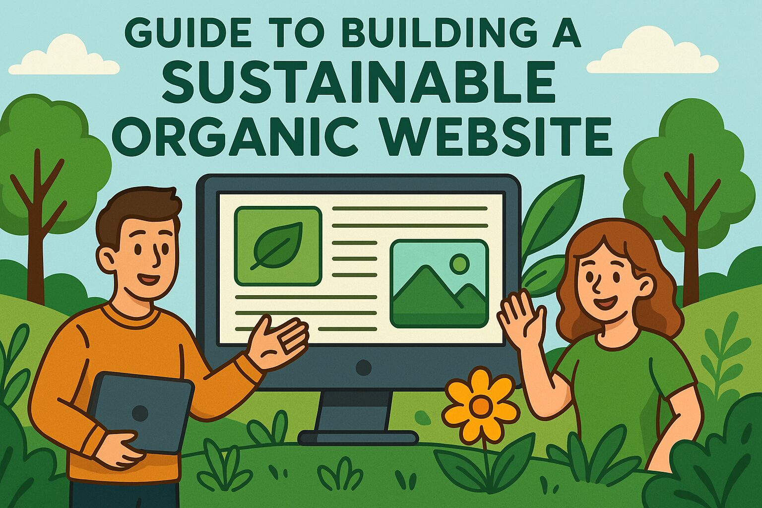 Two people stand by a large monitor showing a website, surrounded by greenery and the text “Guide to Building a Sustainable Organic Website.”.