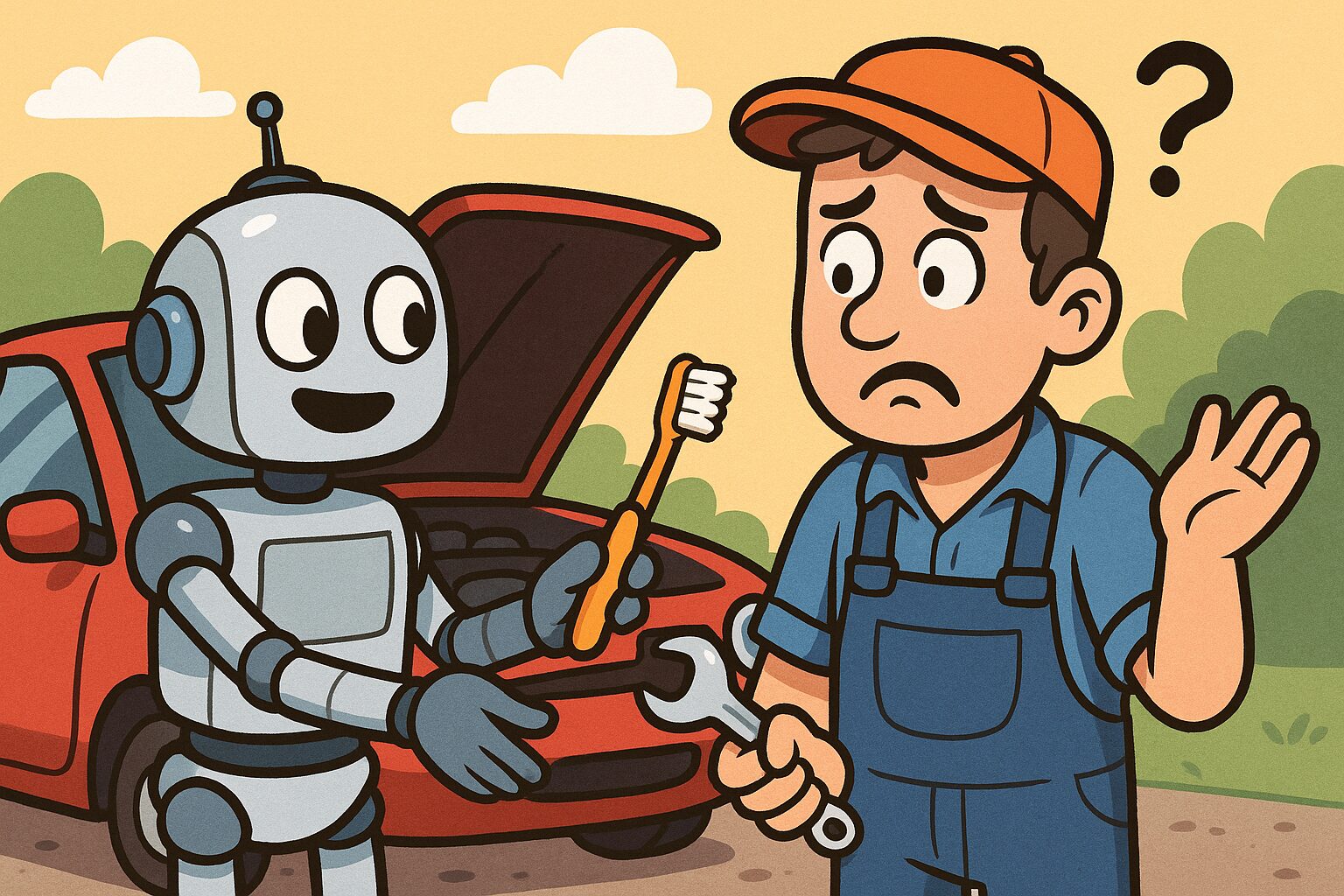 A smiling robot offers a toothbrush to a confused mechanic holding a wrench beside a red car with its hood open.