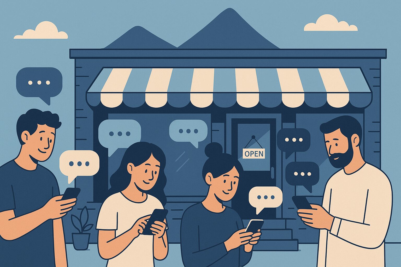 Four people stand outside a shop with an OPEN sign, using their smartphones and exchanging chat messages.