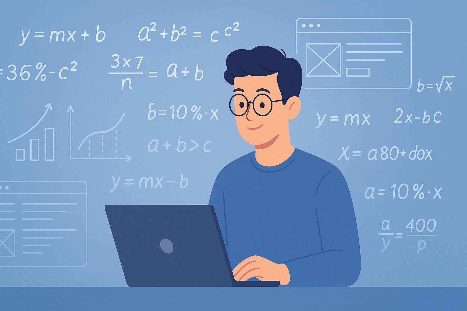 Person with glasses using a laptop, surrounded by math equations and charts on a blue background.