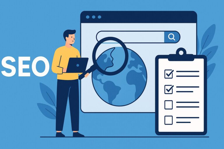 Illustration of a person holding a laptop and magnifying glass, with SEO, a checklist, and a browser window in the background.