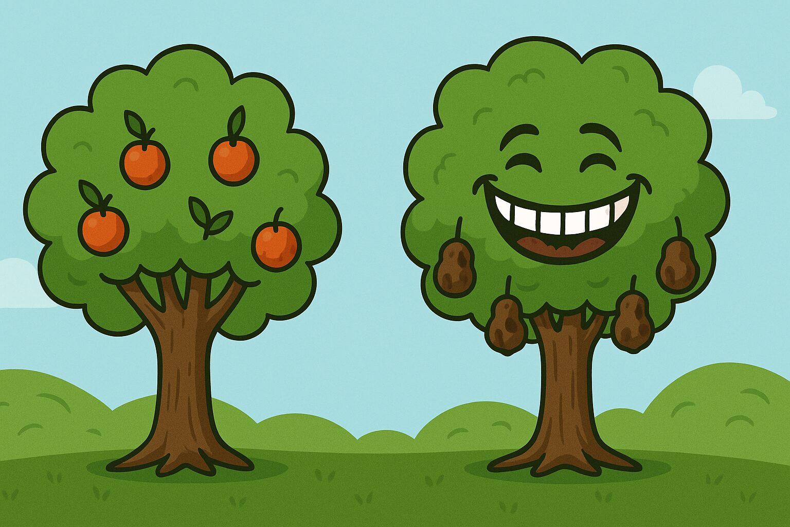 Cartoon of two trees: one with apples, the other smiling with hanging brown objects resembling poo.
