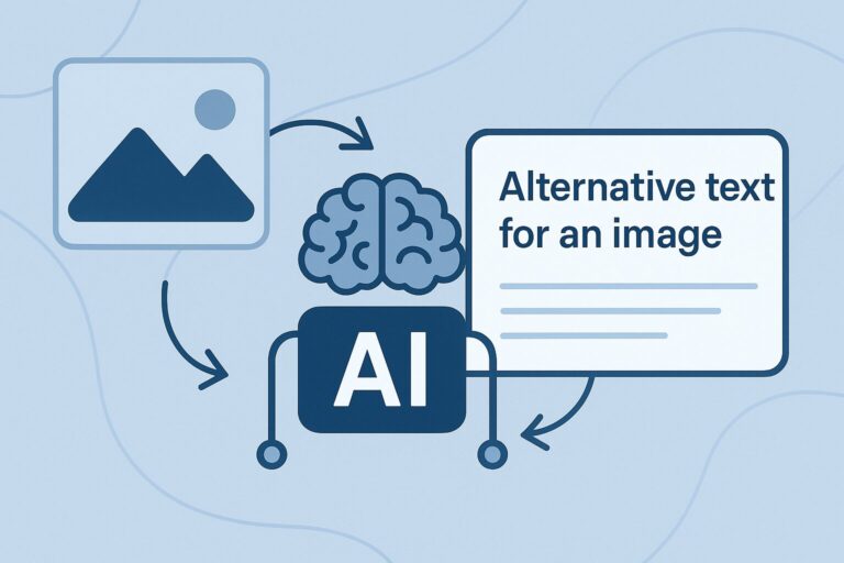 Illustration of AI generating alternative text for an image, showing a brain, image icon, and text box connected by arrows.