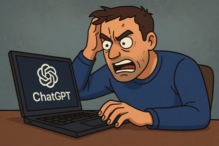 A frustrated man angrily uses a laptop displaying the ChatGPT logo and text on the screen.
