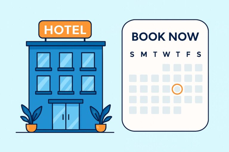 Illustration of a hotel building next to a calendar with Book Now text and a date circled.