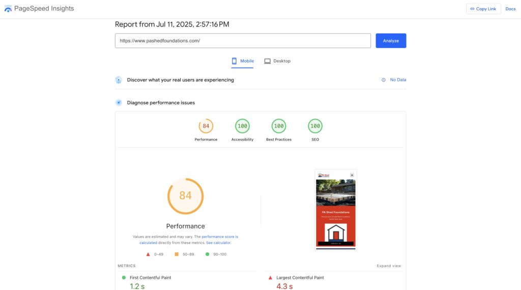 Google PageSpeed Insights report showing an 84 mobile performance score for the website www.psschfoundations.com.