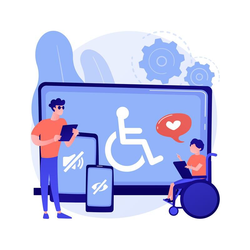 Two people use devices near a large screen with a wheelchair symbol, representing digital accessibility and inclusion.