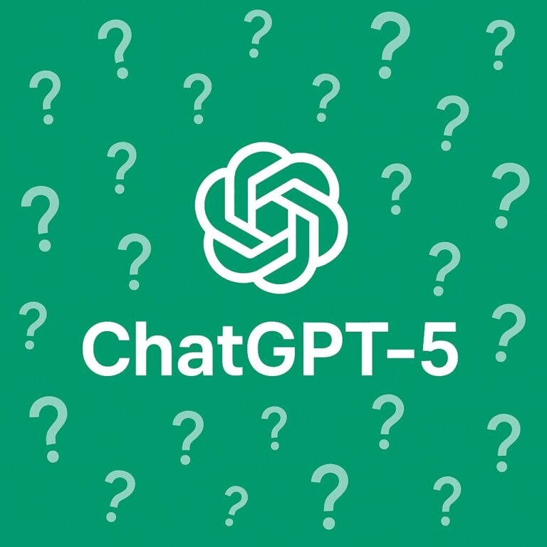 Green background with the ChatGPT logo, ChatGPT-5 text, and scattered question marks.