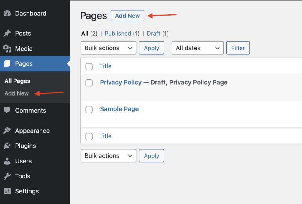 WordPress Pages dashboard with red arrows pointing to Add New buttons for creating a new page.