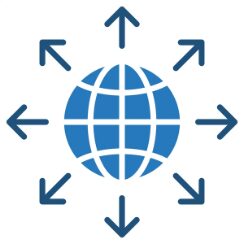 Blue globe with grid lines and eight arrows pointing outward in all directions, symbolizing global expansion or distribution.