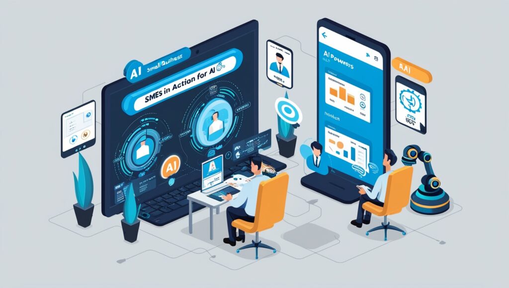 Illustration of people using computers and devices for AI-powered business solutions, with digital charts and robot arm.
