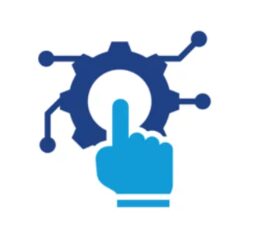 Blue hand pressing a gear icon with three lines and dots extending outward, symbolizing technology or automation.