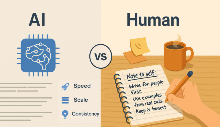 Split image: Left shows AI chip and icons, right shows a person writing notes with coffee, sticky notes, and a pen.