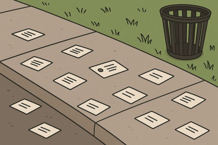 Scattered papers on a sidewalk near a grassy area and an empty black trash can.