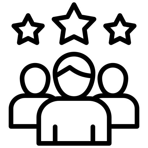 Three people icons with three stars above them, representing teamwork, achievement, or group success.