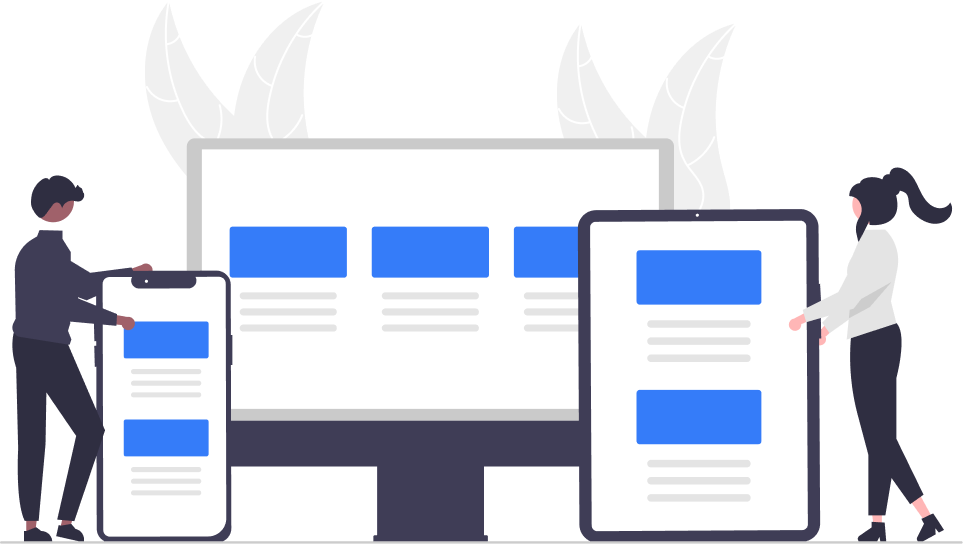 Two people hold a phone and a tablet in front of a monitor, all displaying similar website layouts.