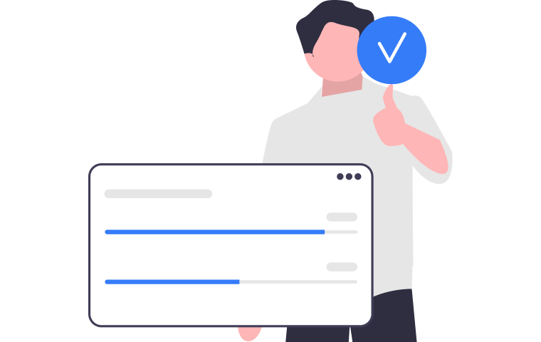 Illustration of a person holding a checkmark sign next to a screen with progress bars.
