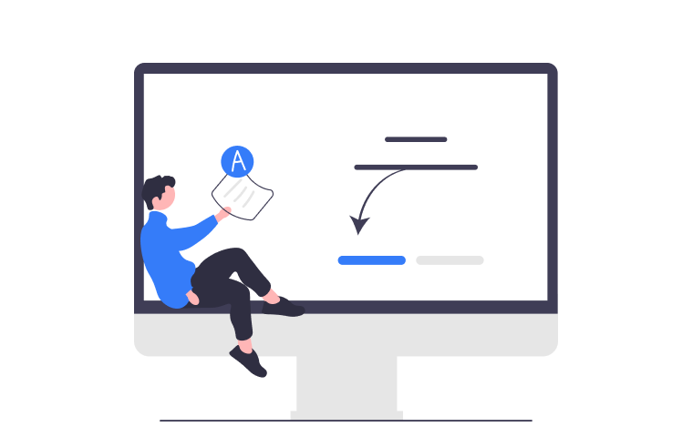 Person sitting on a computer monitor holding a paper, with progress bars and arrows on the screen.