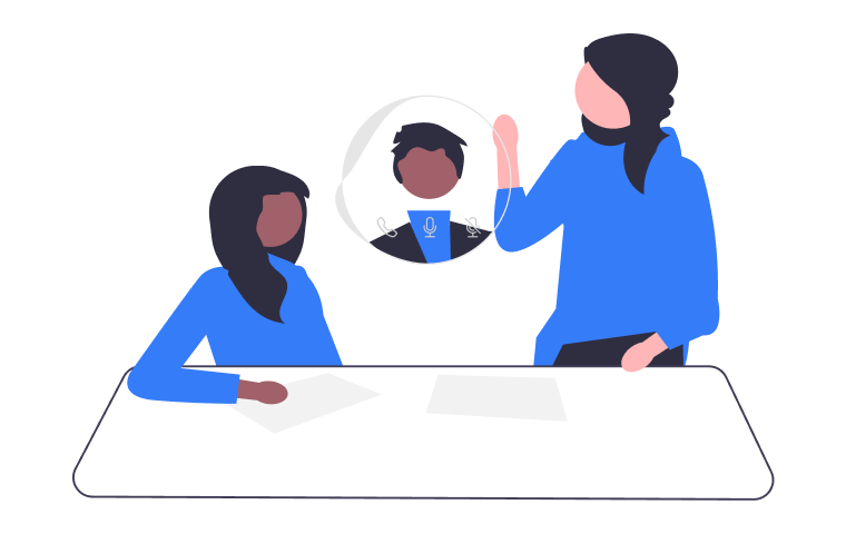 Two people at a table talking, with a third person appearing in a circular video call window between them.