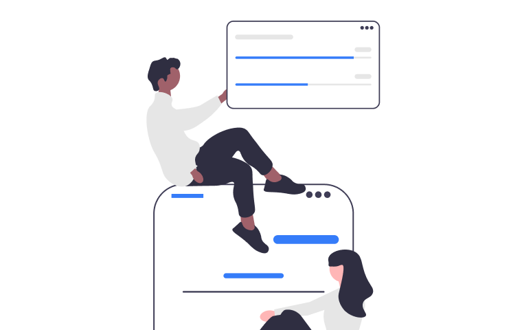 Illustration of two people interacting with large floating digital screens displaying text and lines.