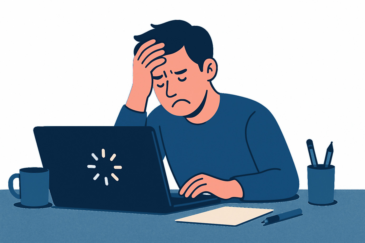 A frustrated person sits at a desk, staring at a laptop with a loading icon on the screen.