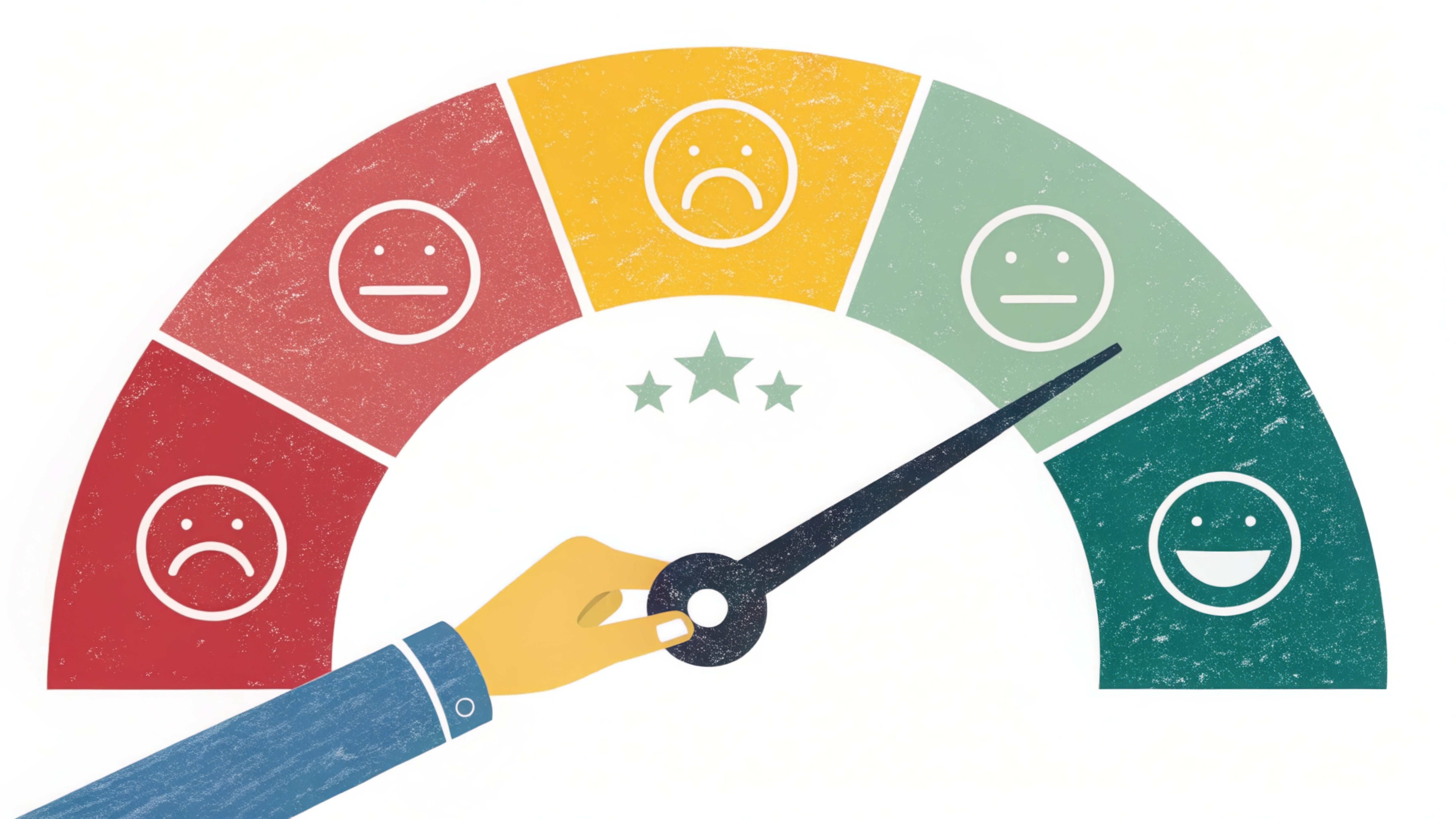 A hand points to a happy face on a satisfaction meter ranging from sad to happy, with stars in the center.