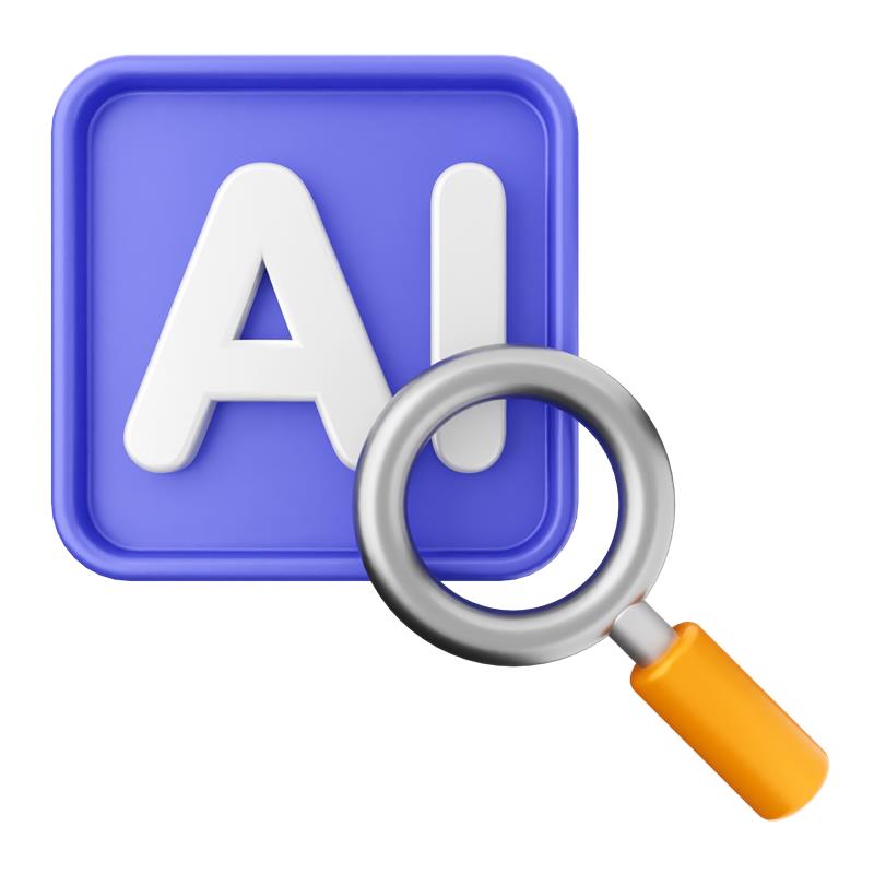 A blue AI icon with a magnifying glass focused on the letters, symbolizing AI search or analysis.