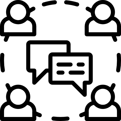 Four outlined figures in a circle with speech bubbles in the center, representing group communication or discussion.