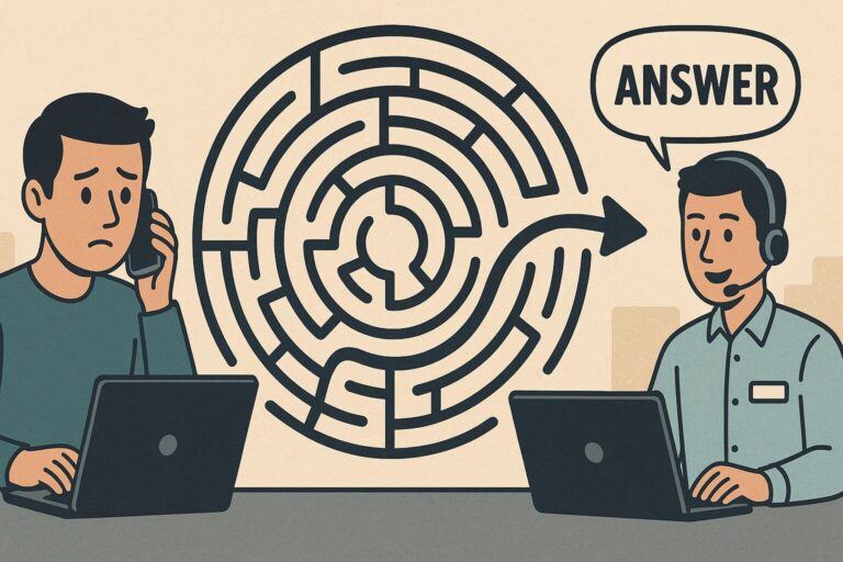 A worried man at a laptop gets help from a headset support agent, with a maze and “Answer” between them.